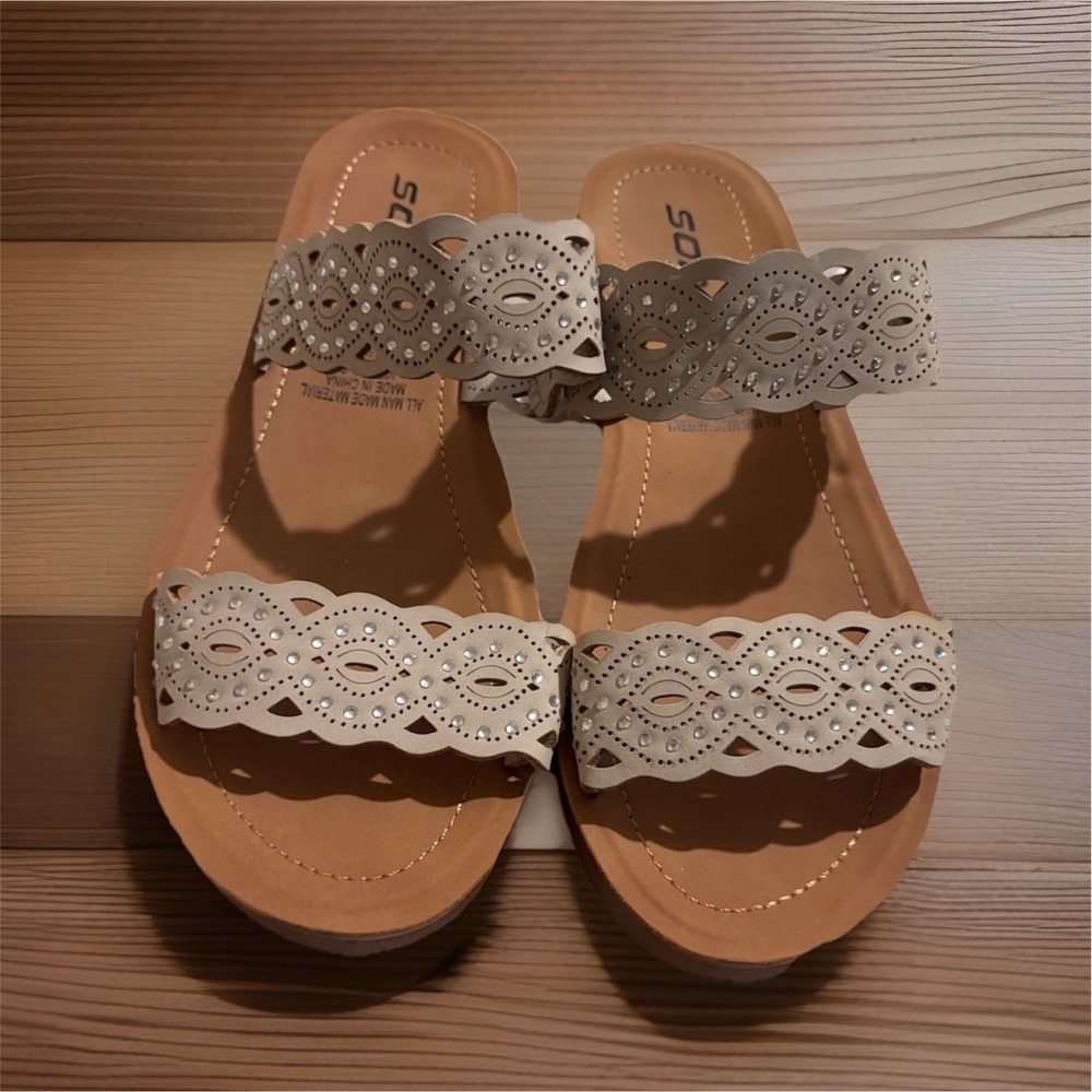 Soda Women's Sandals‎ Beige Rhinestone Laser Cut Slide Casual Summer